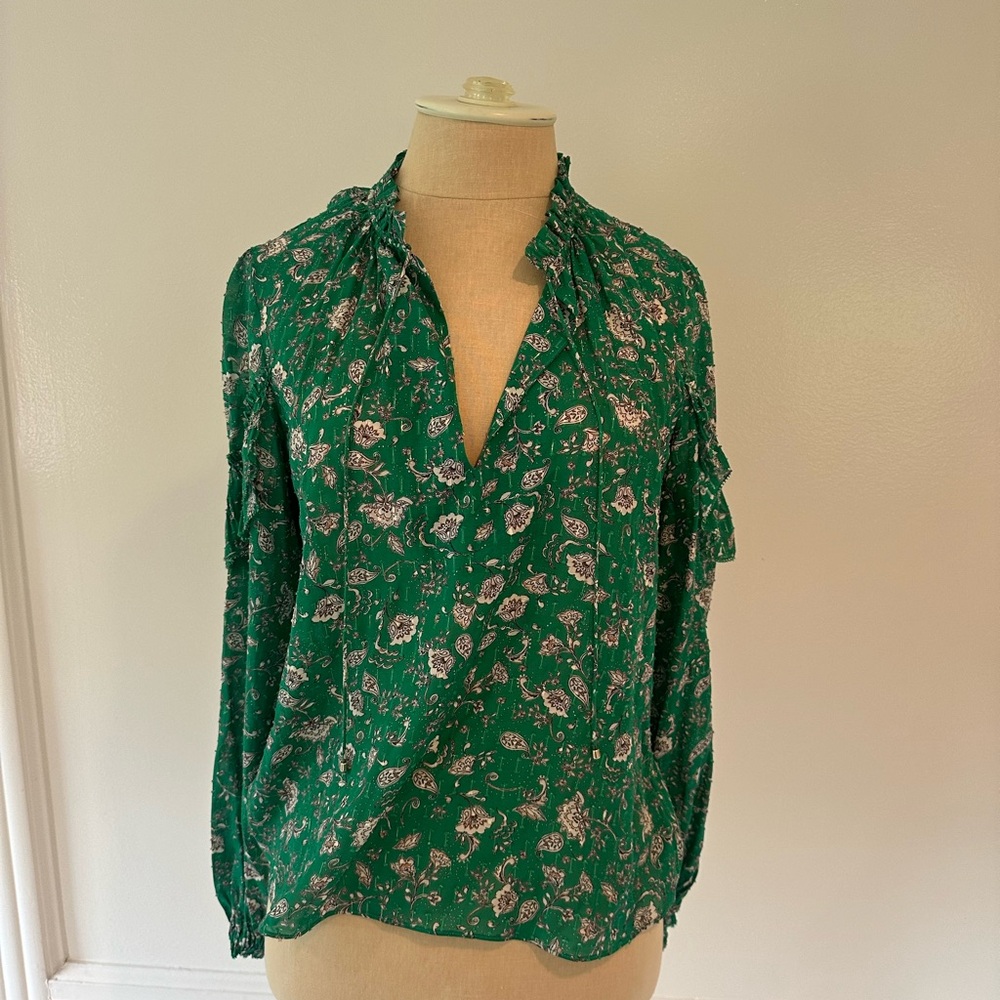 Intermix brand green printed blouse with neck tie in size small.